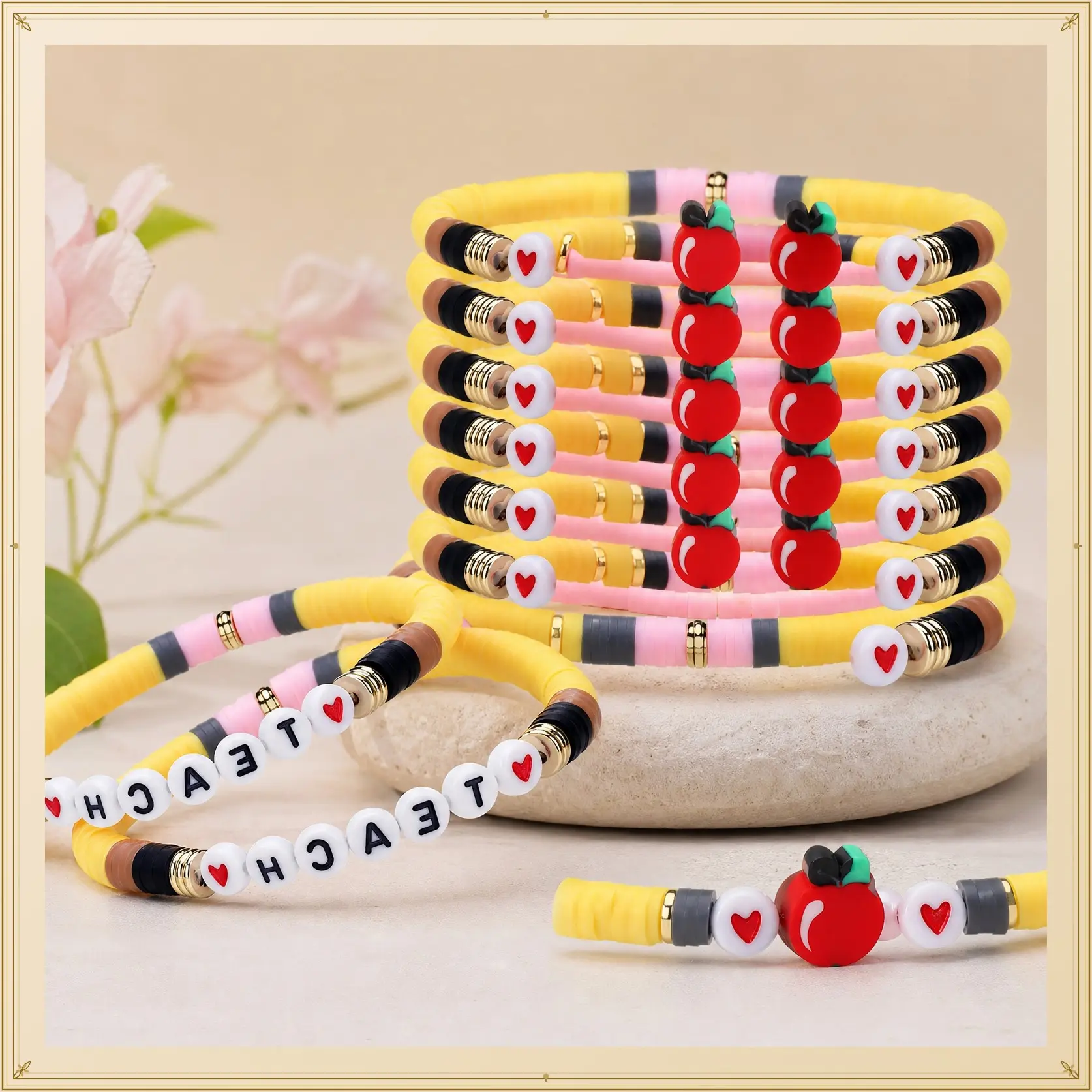 24Pack Back to School Teacher Bracelet Teacher and Staff Appreciation GiftsBulk for Women Men Teacher Polymer Clay Beaded Pencils Bracelets Apple Bracelets Teacher Jewelry Thank Teachers Gifts