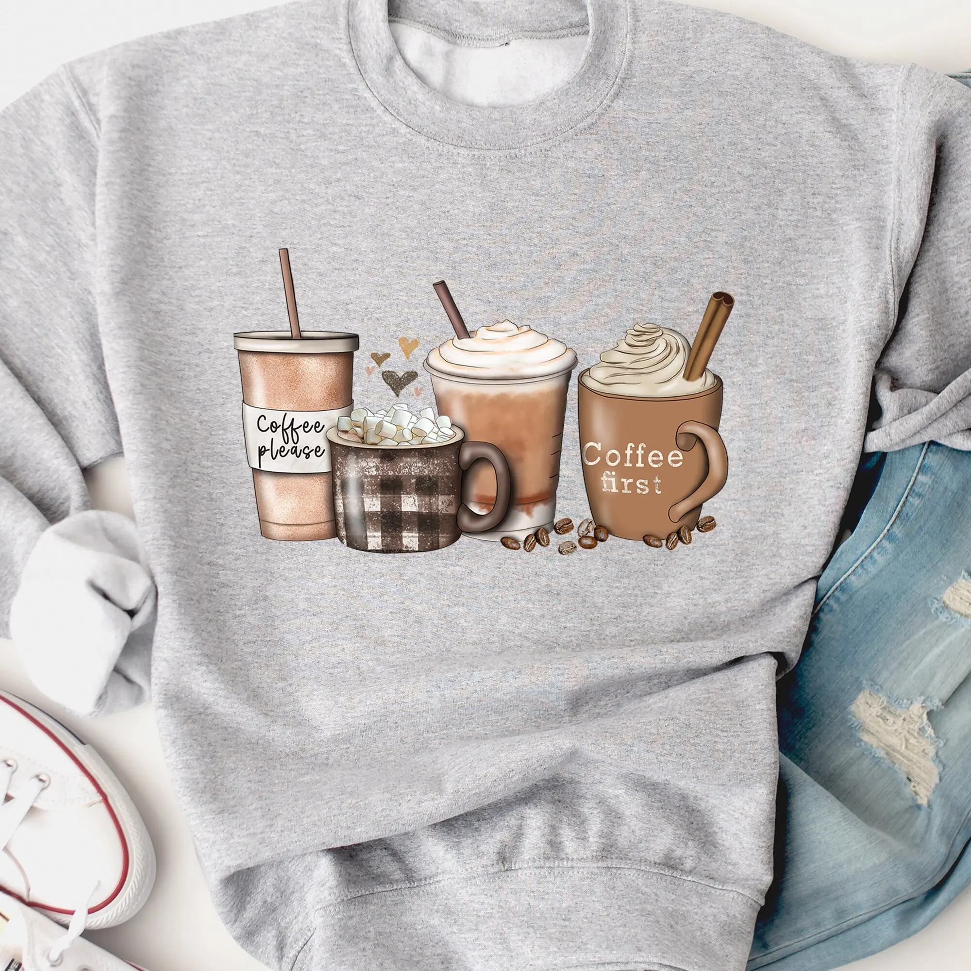 Cinnamon Coffee Sweatshirt, First Coffee Sweatshirt, Coffee Sweatshirt, Coffee Cups Sweatshirt, Gift For Coffee Lover - AL