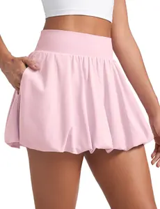 CRZ YOGA Bubble High Waisted Tennis Skirts for Women Casual Athletic Mini Ruffled Hem Balloon Skort with Side Pockets