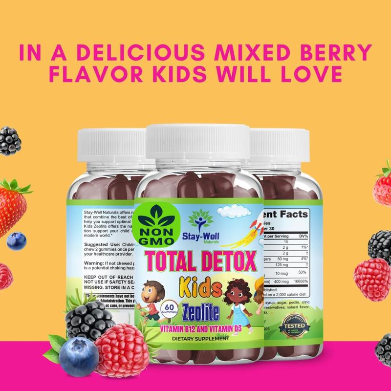 Stay-Well Naturals Natural Zeolite Heavy Metal Detox Kids, Chewable Gummy, Micronized Zeolite, Total Body Metal Cleanse, Toxin Cleanse, Non-GMO, 60 Mixed Berry Gummies