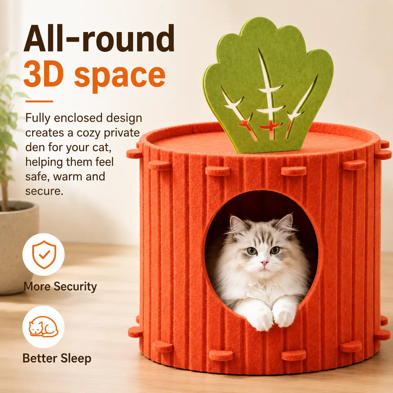 Felt Cat Cave Bed for Indoor Cats, Semi-Enclosed Cat House with Scratching Surface, Cozy Cat Hideaway & Cat Condo, Durable Felt Cat Furniture, Cat Bed for Sleeping, Playing, Resting, Easy Assembly