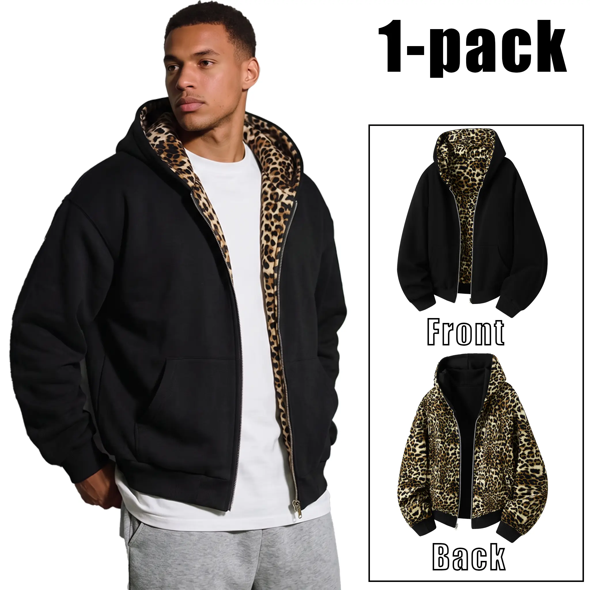 Unisex cotton zip-up hoodie sweatshirt with leopard lining, wearable on both sides; autumn/winter loose long-sleeve sports hooded top, retro street casual wear; menswear; suitable for everyday wear, commuting, and streetwear. fall clothes hoodies men