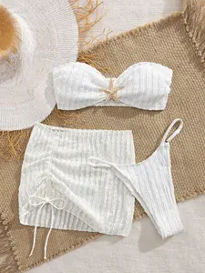 Three-Piece Bikini Set + High-Waisted Bodycon Skirt + Thong Panties, Starfish Decor Adjustable Bikini Top Sweet Style, Women's Vacation Beachwear, Beach Bikinis, Bikini Swimsuit, Summer Swimsuit Set