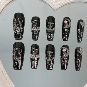 Handmade Punk Style Nail Art Set, Base Silver Color Spider Skull Anchor Rhinestone Design, Streetwear Party Nails