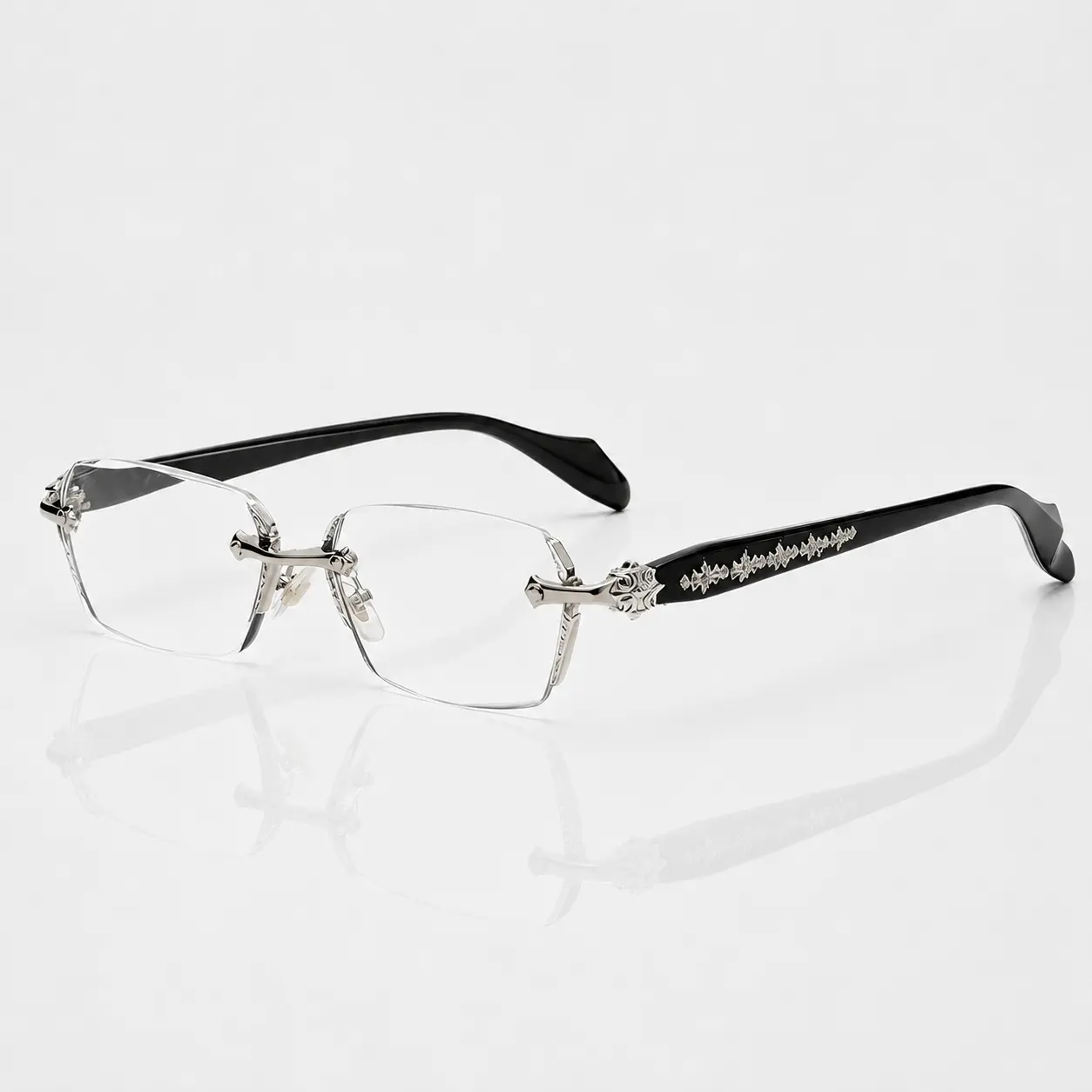 Men's Rimless Square Metal Frame Eyeglasses, Blue Light Blocking Computer Glasses, Vintage Silver with Floral Carving for Business Use, Carved, High Quality Eyewear