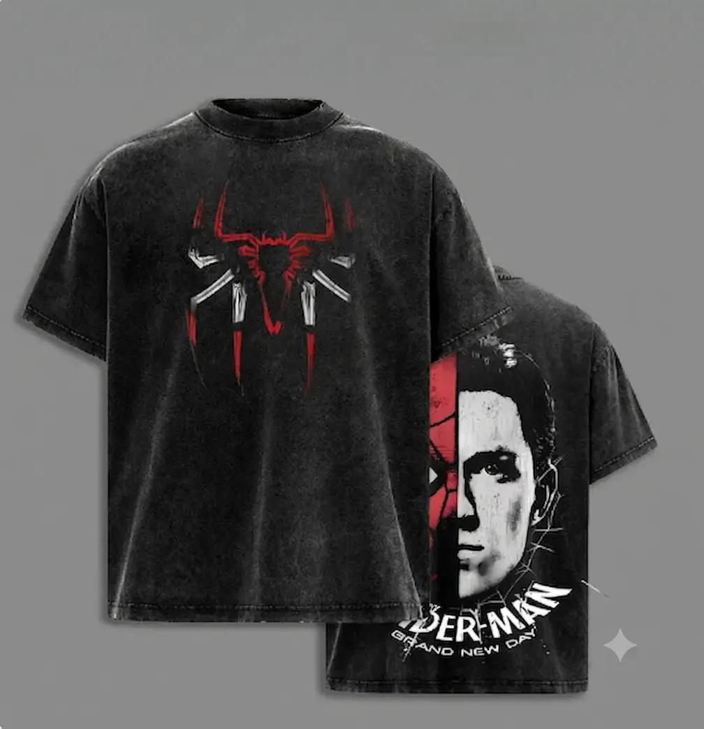 Dark Spidey Man Vintage Washed Graphic T-Shirt Ver 3, Oversized Heavyweight Cotton Spider Tee, Double Sided Split Mask Retro Comic Streetwear Shirt, Y2K Grunge Web Slinger Aesthetic, Premium Unisex Graphic Apparel, Collector Fan Gift Merch