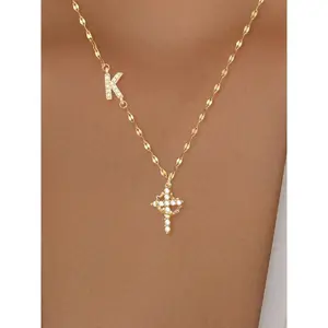 Women's Stainless Steel Necklace with Zirconia Cross Crown Initial Pendant, Casual Fashion Lip Chain Jewelry for All Seasons