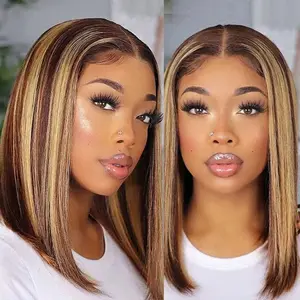 Wiggins Hair Honey Blonde Highlight 4x7 Lace Closure Short Bob Wig Human Hair 4/27 Ombre Pre Plucked Pre Cut Lace Closure Wigs