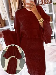 Autumn Winter Round Neck Knitted Sweater Half Body Skirt Two-Piece Set, Casual Style Long Sleeve Top & Bottom for Women