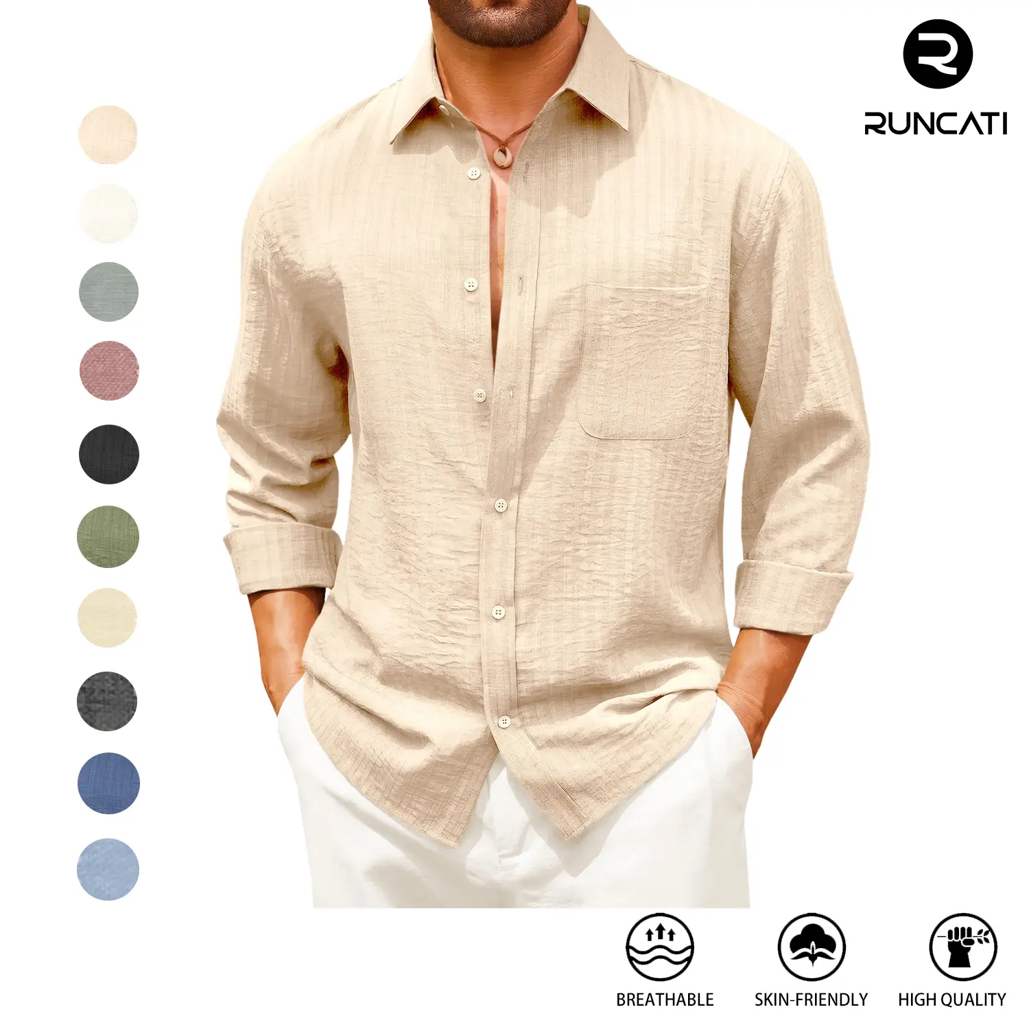 Runcati Mens Button Down Shirts Long Sleeve Casual Textured Shirt Linen Cotton Beach Hippie Tops with Pocket