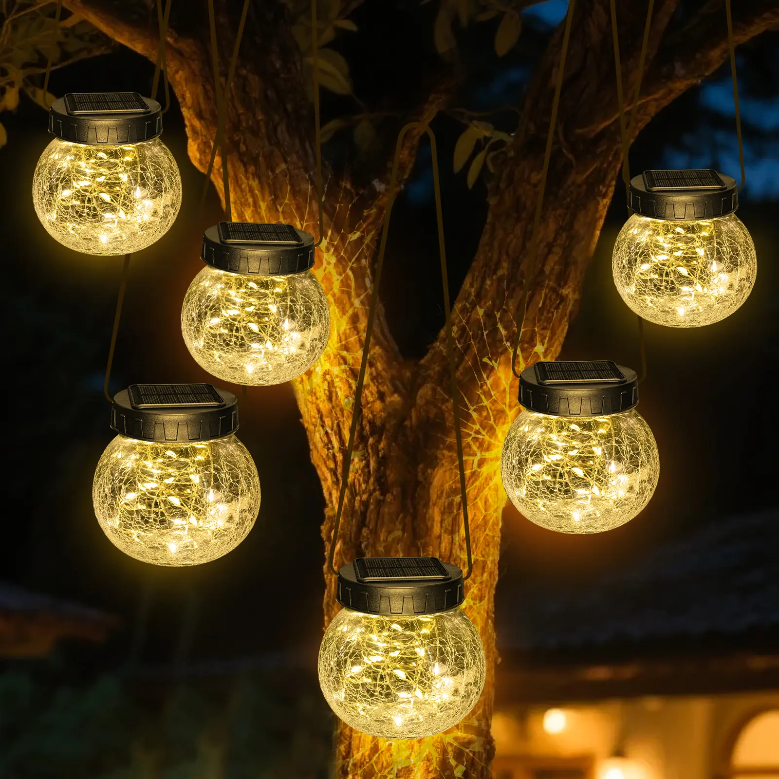 6-Pack Waterproof Solar Outdoor Lanterns - 30-LED Cracked Glass Globe Bulbs with Panels, Warm White Hanging Lights for Mother, Patio Fence Decor, Home Improvement