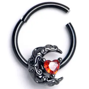 16G 3/8 Red CZ Gem Black Scrolling Moon Heart Hinged Segment Ring