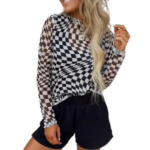 Women’s Super Fashion Checkered Mesh Stand-Up Collar Winter Long-Sleeve Top – Women’s Fashion Shirt – Women’s Clothing GARMENTARY