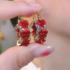 Elegant Luxury Red & Purple Rose Flower Earrings, Ladies' Fashionable Chic Floral Hoop Earrings, Jewelry Gift For Women