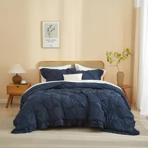 Dark Blue Ruffled Pintuck Comforter Set Queen Size, Microfiber Pleated Comforter Set Vintage Bedding, 3 Piece Brushed Comforter Set, 1 Ruffled Comforter with 2 Pillowcases