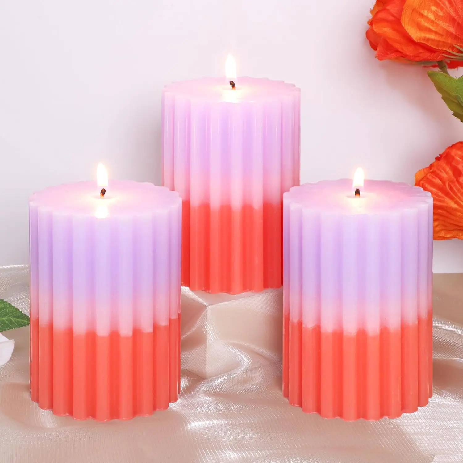 Ribbed Pillar Candles Purple Coral Gradient Vanilla Scented 3x4 Inch Candle Handmade Striped Aesthetic Retro Textured Pillar Candle for Boho Home Decor, Coffee Table, Weddings Party, 3-Pack