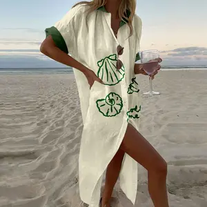Seashell Print Shirt Dress Hand Drawn Illustration Style Ocean Elements Fresh Seaside Vacation Style Elegant Cozy Chic Two Pieces Set Casual Aesthetics Lightweight Breathable Loose Fit Polyester Material Spring Summer Autumn
