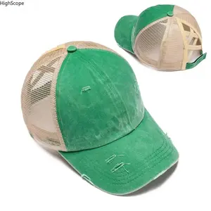 Unisex Adjustable Mesh Ponytail Distressed Washed Baseball Cap, Sun Hats