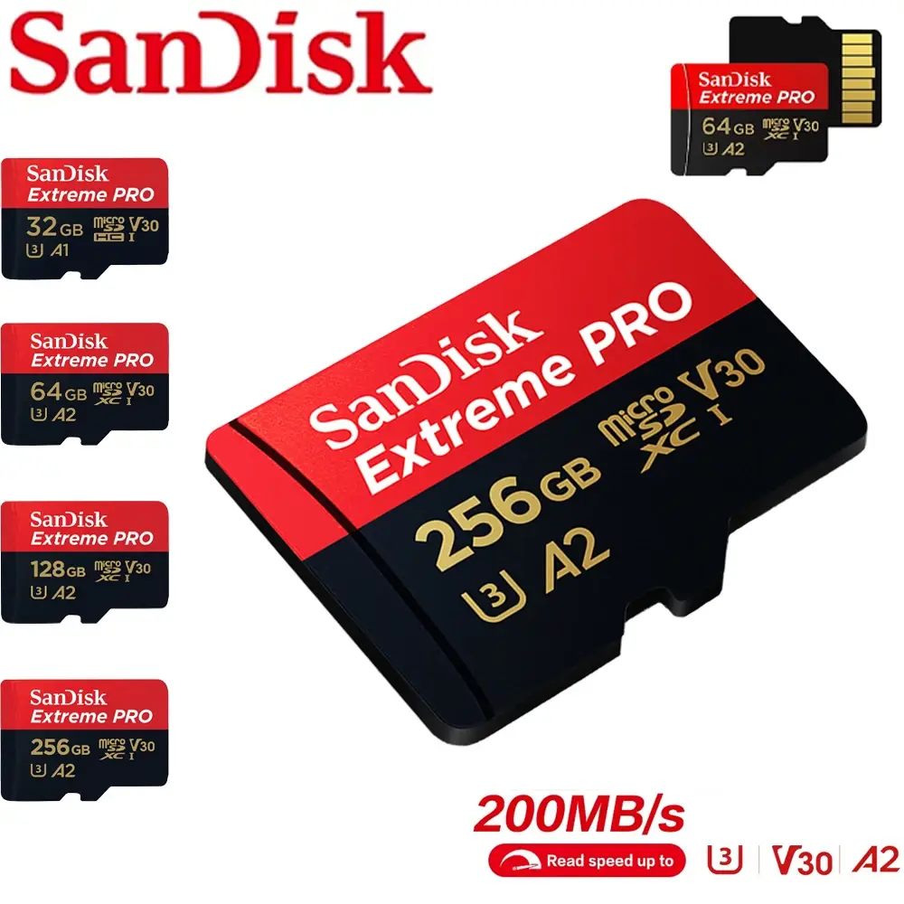 SanDisk High Speed 200MB/s Micro SD/TF Card A2 U3 V30 Class10 Memory Expansion Flash Card 32GB-512GB for Devices