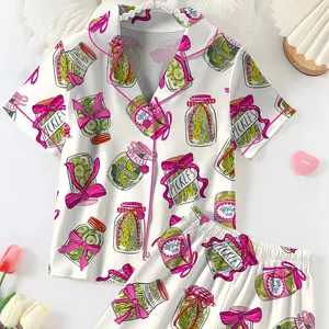 Pickle Bowtie Satin Pajamas Set, Women’s Pickle Lover Pink Bows Pajama Set, Sleepwear Gifts Nightwear Pajama Satin Long Pants, Gift For Her