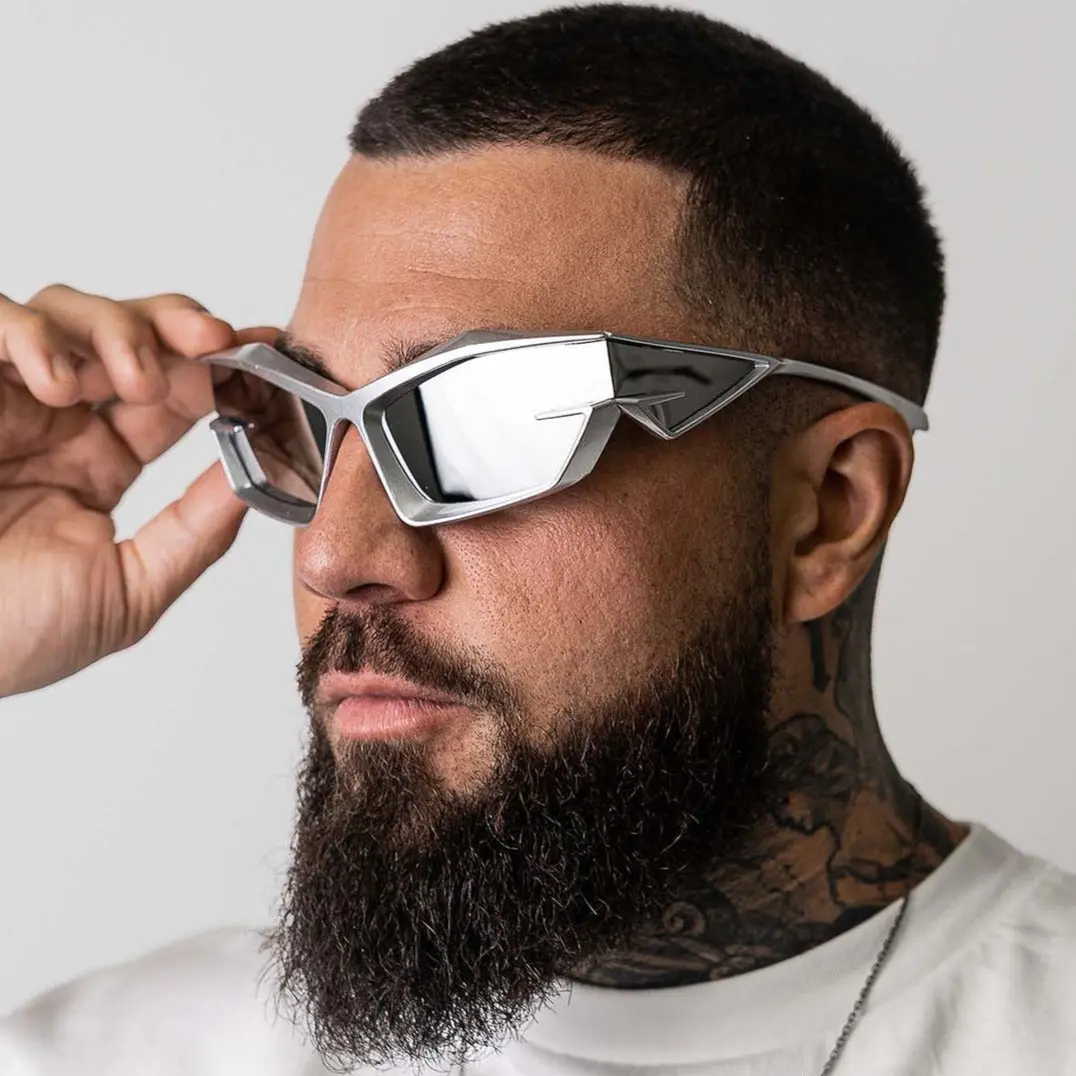 Men's Cyber Futuristic Geometric Rectangle Metal Sunglasses - 3D Irregular Silver Frame, Reflective Mirror Glass, Full-Wrap Alt Style Avant-Garde Techwear Eyewear, Sun Protective Shades, Trendy Shades, for Driving/OOTD, Club Party, Eyewear Fashion