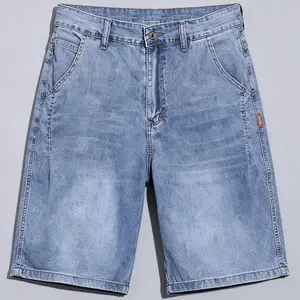 Men’s Lyocell cool-touch, lightweight stretch denim straight shorts; men’s washed vintage distressed denim shorts; trendy, versatile loose straight casual street-style denim bermuda shorts Low Rise Raw Hem