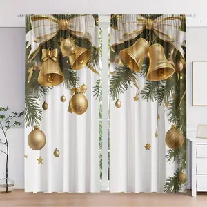 2 pieces, Hanging ornaments, 2D flat Christmas theme decoration, golden Christmas light ball and bell pattern, filter curtain, suitable for home and office decoration, rod pocket design, suitable for wearing rod