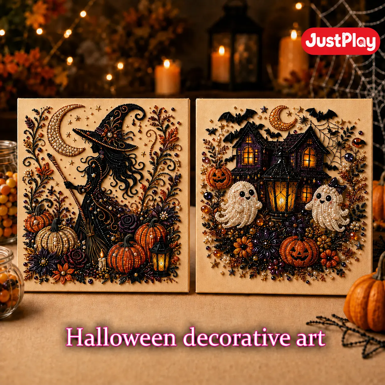 【JustPlay Design】8x8 Inch Halloween 5D Diamond Painting Kit 2026, Spooky Cute Pearl Bead Art with Artboard & Tools, Beginner Friendly DIY Craft for Adults & Teens, Ghost Pumpkin Black Cat Witch Wall Decor, Halloween Gift