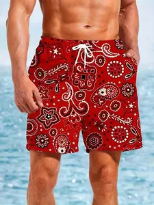 Men's quick-dry swim trunks, lightweight beach shorts with adjustable drawstring waist and side pockets, red floral print, moisture-wicking and sweat-absorbing, suitable for swimming, vacations, and summer wear. Machine washable, swimwear, beach apparel,