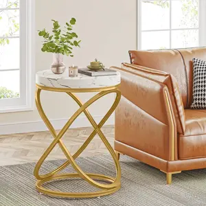 LITTLE TREE Round End Table with Engineered Wood Tabletop, 26 Inches Round Side Tables Living Room with Double X-Shaped Metal Ring-Cross Legs, Faux Marble Veneer Nightstands for Livingroom Bedroom