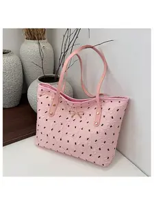 Women's  Tote Bag - Soft Flocked Shoulder Bag with Gold Hardware, Large Capacity Work Handbag