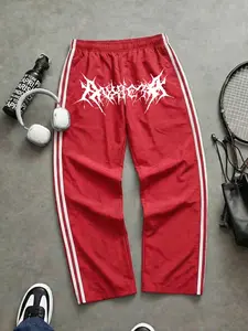 Men's Y2K Style Drawstring Sports Pants, Casual Sporty Trousers, Gothic Print, Casual Straight Leg, Velvet Fabric, Fashionable Outdoor Wear, Suitable for Gym, Running, Basketball