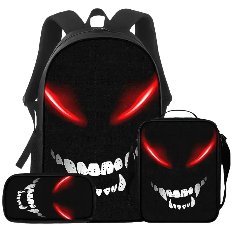 Goth Graphic Backpack Kit with Glowing Eyes & Fangs, Unisex 3-in-1 Multi-function Laptop Daypack for Adults Daily Commute, Crossbody Bag, Holiday, Includes Pouch, Dark Fashion Enthusiasts, Casual, Fang Pattern, Edgy Goths, Dark Edgy Goth
