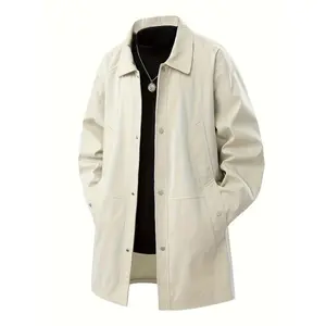 Men'S Casual Long-Cardigan Collar Windbreaker Jacket - Loose Fit, Button-Up, Pockets, Polyester, Beige, Perfect for Spring & Fall, Spring Jacket |   Long Cardigan |   Polyester Jacket, Windbreaker Jacket, Plus Size