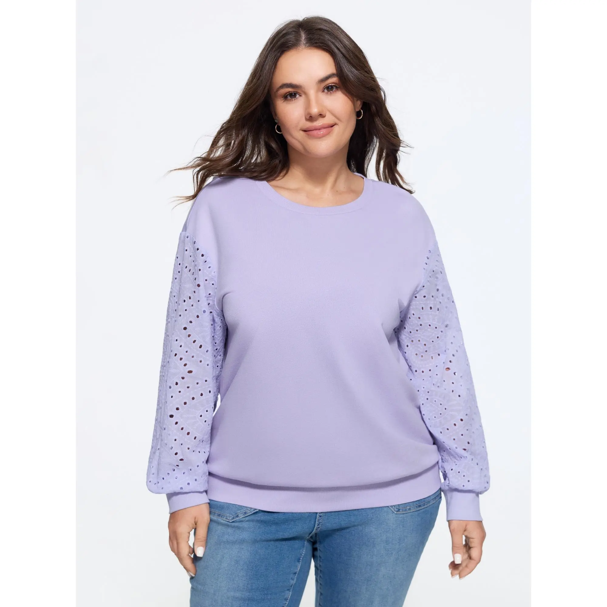 BLOOMCHIC Plus Size Cotton Embroidered Patch Lantern Sleeve Crew Neck Sweatshirt[M-6X] 2026 Summerfinds