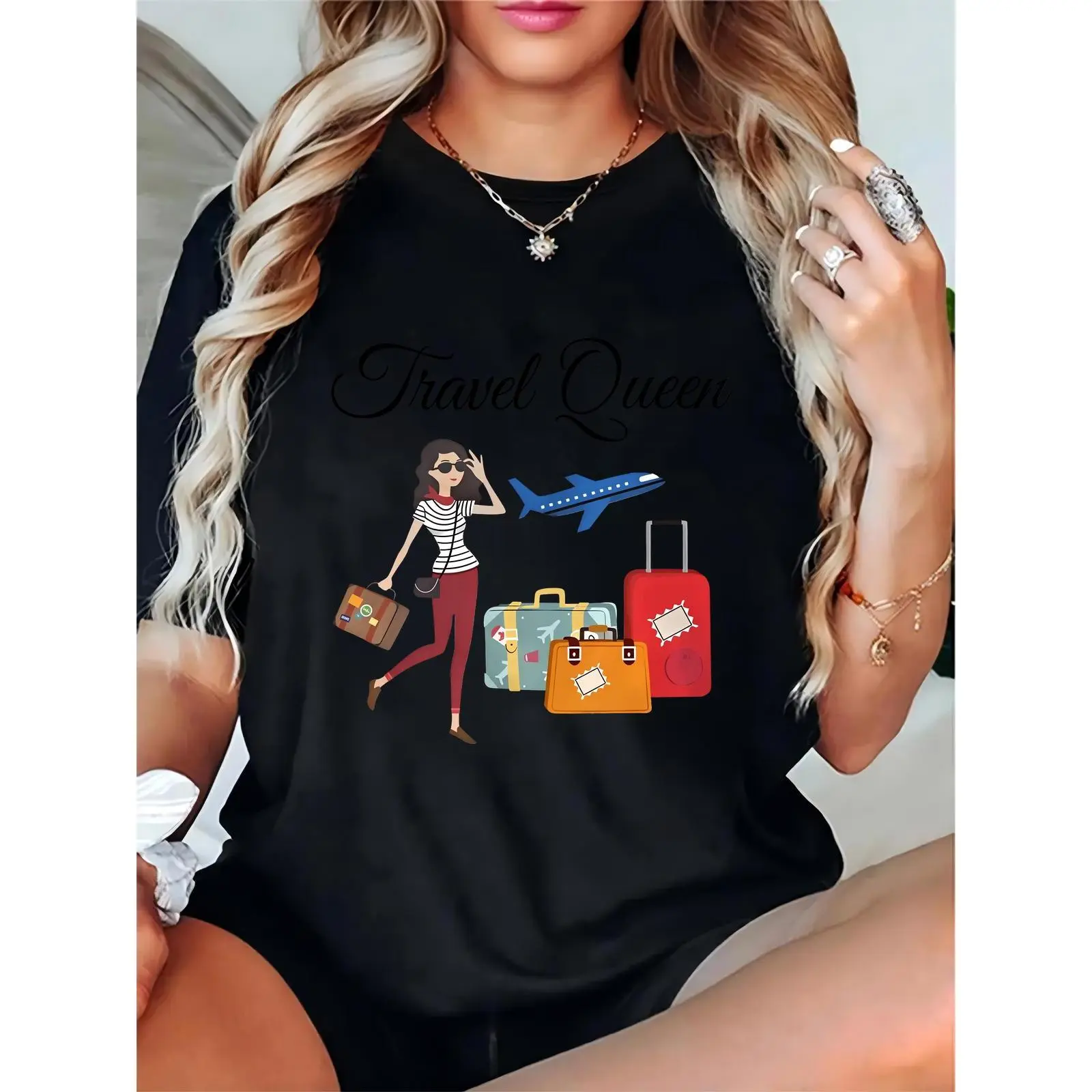 Women's Travel Queen Graphic T-Shirt - Travel Lover Tee with Suitcases, Plane & Stylish Traveler Design, Casual Vacation Outfit for Female Travel Enthusiasts 100% Cotton T-shirt