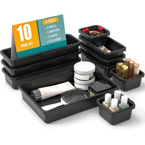 10 PCS Drawer Organizer Set, 4 Size Makeup Drawer Divider Organizer With Non-Slip Pads, Interlocking Plastic Storage Bins for Office,Jewelry Vanity,Gadgets, Bathroom,Kitchen, Black