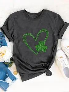 Women's Shamrock & Heart Print Round Neck Tee, Casual Short Sleeve Fitted Crew Neck T-shirt for Daily Wear, Ladies Clothes for All Seasons, Top