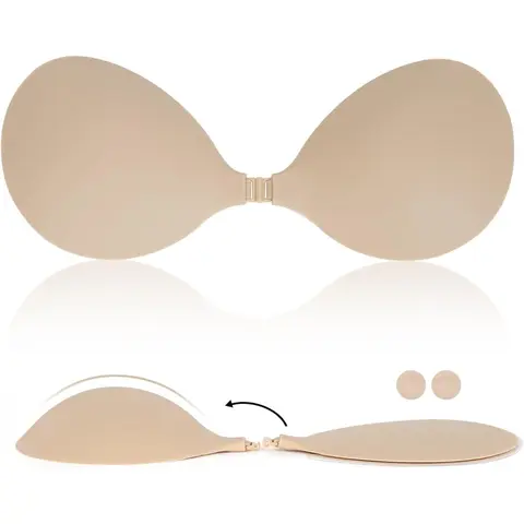 Women's Seamless Stick-On Silicone Bra - Invisible Strapless Push-Up, Reusable Discreet Nipple Cover, Double Cup for Backless Dresses & Everyday Wear, Adhesive Design, Nipples