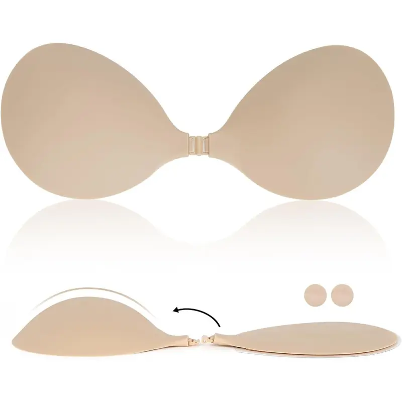 Women's Seamless Stick-On Silicone Bra - Invisible Strapless Push-Up, Reusable Discreet Nipple Cover, Double Cup for Backless Dresses & Everyday Wear, Adhesive Design, Nipples