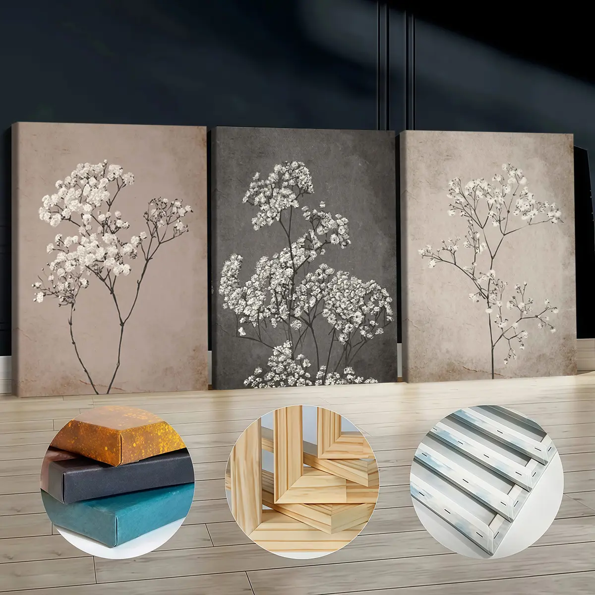 3Pcs Wood-Framed Canvas Paintings - Artistic Beige & Grey Floral Aesthetic Pattern Prints, Odorless Home Decor Items, Elegant Decoration for Living Room, Bedroom
