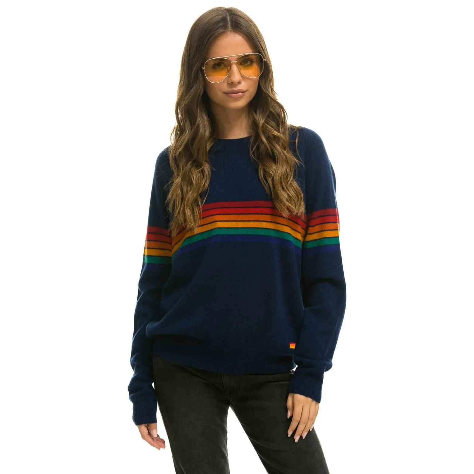 RAINBOW STRIPE 6 UNISEX LIGHT CASHMERE SWEATER - MIDNIGHT