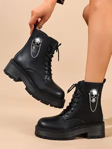 Skull Chain Thick Sole Boots, Side Zipper Height Increase Slimming, Fall Winter Street Style, Trendy and Stylish Footwear