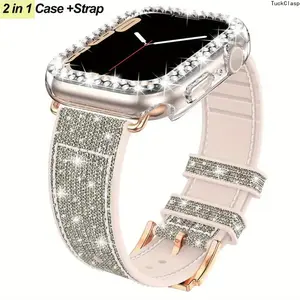 Rhinestone Case & Sparkling Glitter Watch Strap Set for Apple Watch – Soft PU Silicone Band with Clear Cover Case, Fits 38–49mm & Series 6–11/SE/Ultra, Great for Spring & Summer Wear