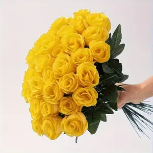 Lifelike yellow artificial rose bouquet, Faux flower bouquets, paired with lush green UV-resistant Decorative plastic flowers, featuring vivid textures and a long-lasting bloom, suitable for weddings, Valentine's Day, and spring decorations