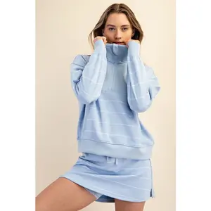 Women's Striped Quarter-Zip Pullover Hoodie - Soft Polyester Spandex Fit Sweatshirt with Pocket, Matching Design, 2 Color Options, Casual Style