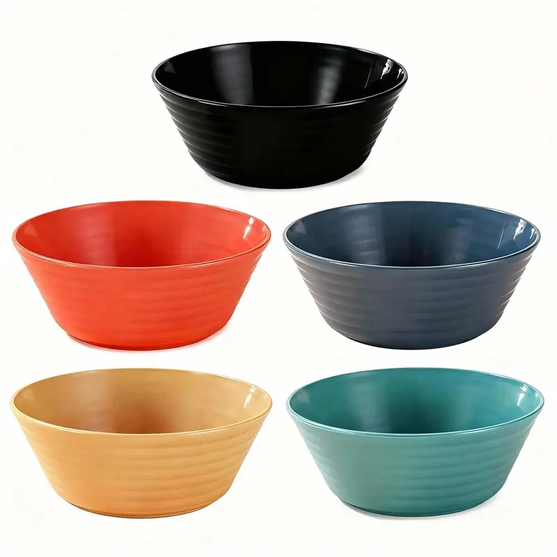 5pcs Multifunctional Plastic Kitchen Bowls, Microwave and Dishwasher Safe, Reusable, Suitable for Cereal, Salad, Rice, Noodles, Striped Design, Salad Serving Bowls