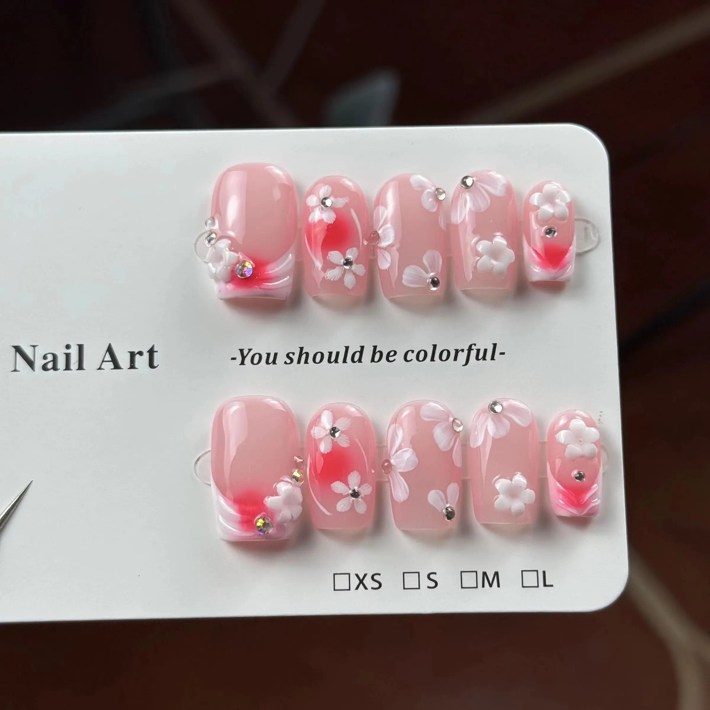 10pcs high-end Sweet and cute style, hand-painted carvings, sweet cherry blossoms, sparkling dot diamonds handmade fake nails, Nail Art Design, Square Shape, Glossy Finish, Sparkling Accents, Short Length