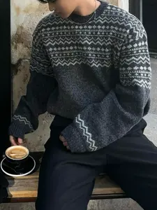Men's Autumn Winter New Round Neck Nordic Style Casual Geometric Pattern Unisex Knitted Long Sleeve Knitwear Pullover Sweater Top