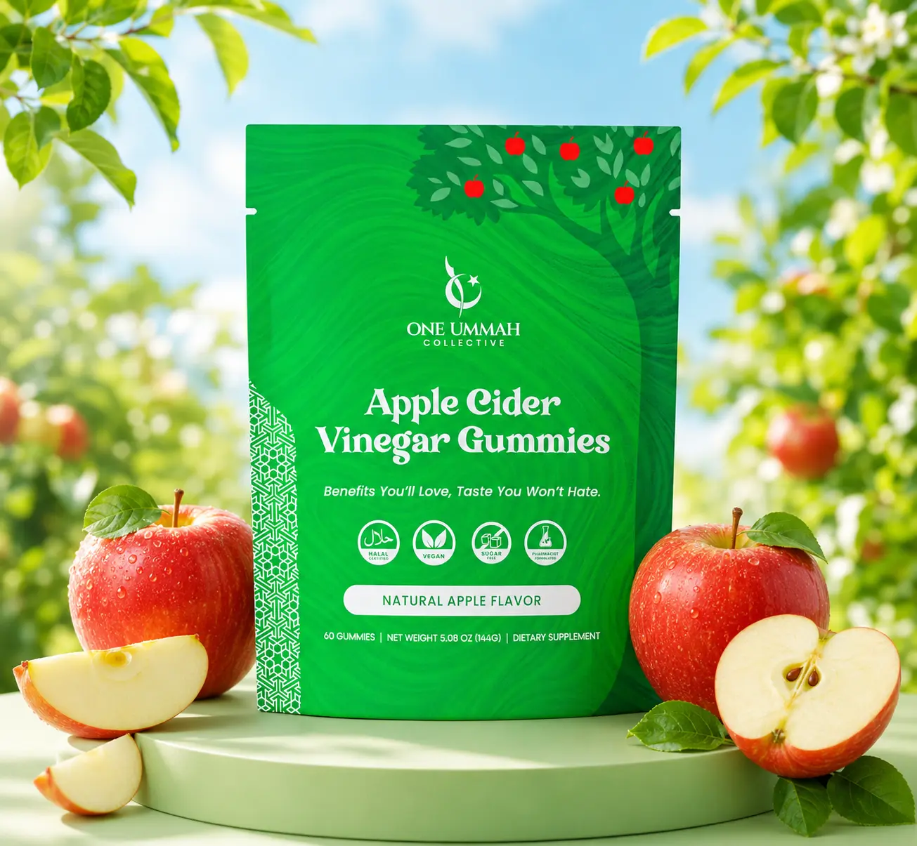 Halal Certified Apple Cider Vinegar Gummies - Vegan, Easy Digestion, & High Absorption - ACV Gummy Supplement - Tasty 60 Apple Flavor - 60 Ct Healthcare Dietary, Edible